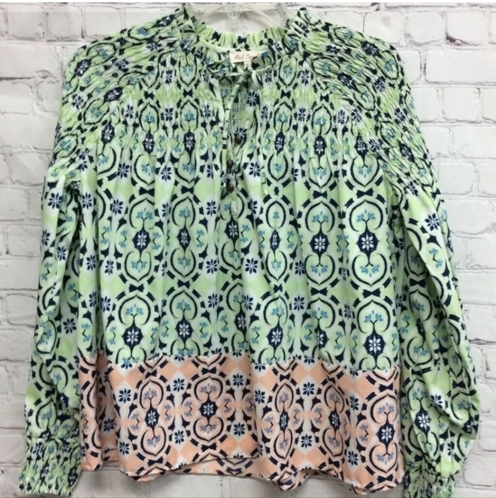 *CLEARANCE RACK* Red Camel Womens Blouse Green Blue Floral Long Sleeve Smoked